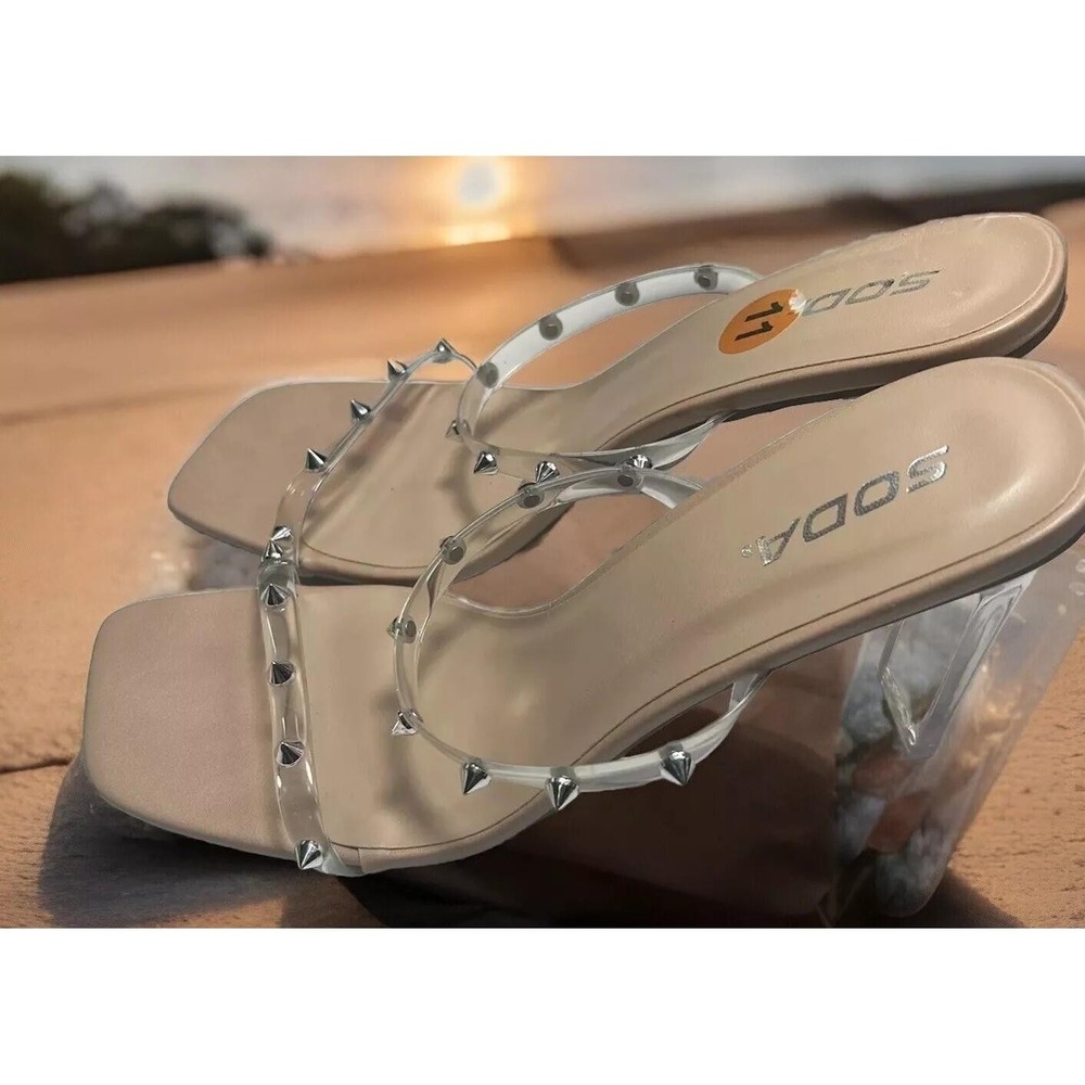 Soda Clear Heels Spiked Silver Studs Women's Size 11 4"‎ Heels Open Toe